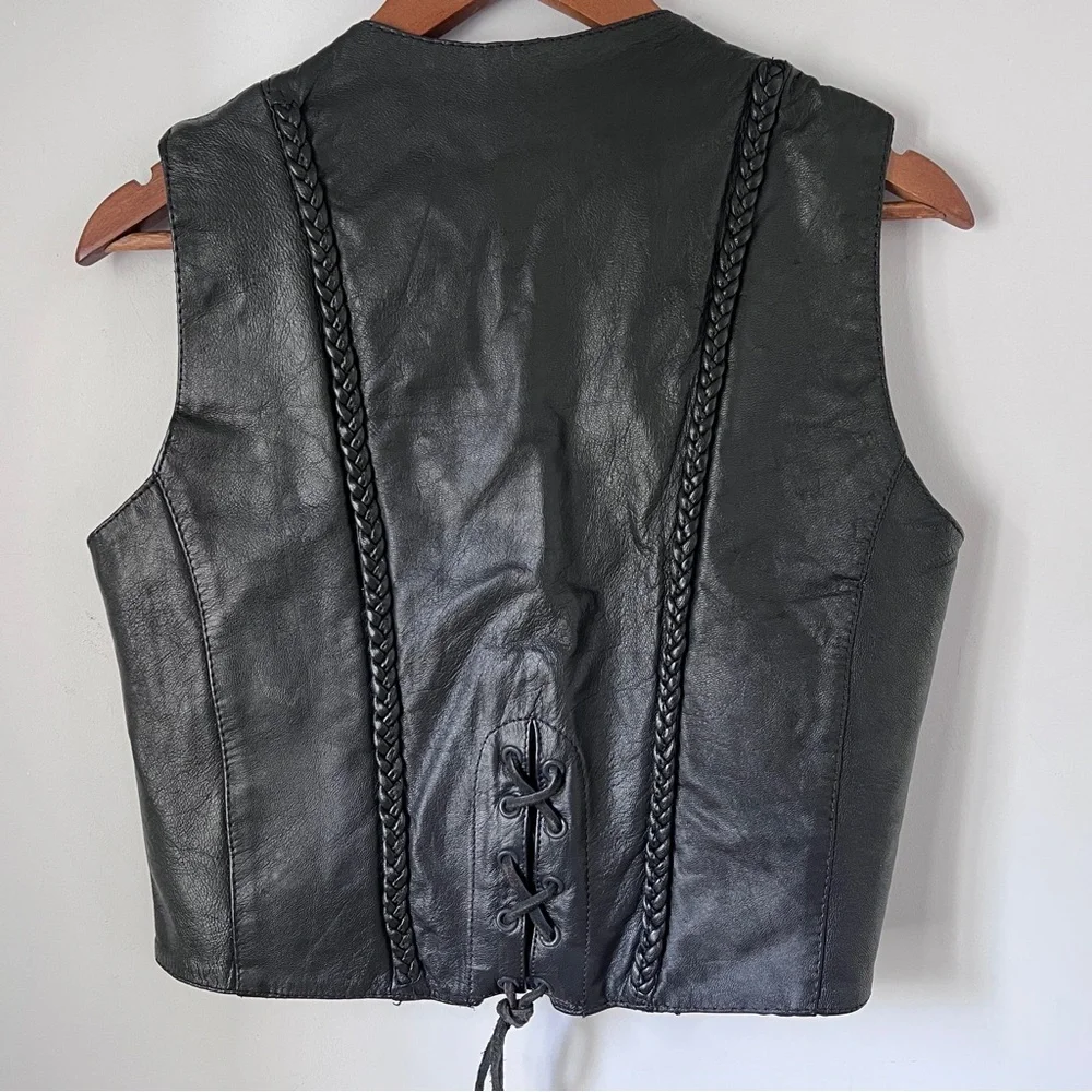 Biker Leather Vest Braid Pins Button Womens Size Medium